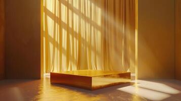 ai generado habitación con amarillo cortina y de madera mesa foto