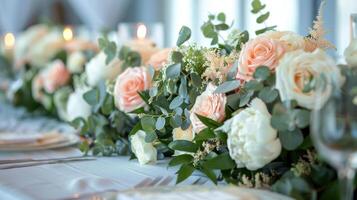 ai generado mesa adornado con un variedad de flores foto