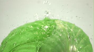 Super schleppend Bewegung auf das Gabel von Kohl auf ein Weiß Hintergrund fallen Tropfen von Wasser. gefilmt beim 1000 fps.hoch Qualität fullhd Aufnahmen video