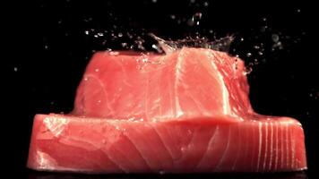 Super schleppend Bewegung auf roh Thunfisch Steak fallen Tropfen von Wasser. auf ein schwarz Hintergrund. gefilmt auf ein schnelle Geschwindigkeit Kamera beim 1000 fps. video