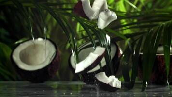 Pieces of coconut fall on the table. Filmed on a high-speed camera at 1000 fps. High quality FullHD footage video