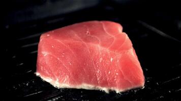 Super slow motion tuna steak is fried in a grill pan with splashes of oil. On a black background.Filmed on a high-speed camera at 1000 fps. video