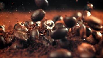 The beans fall into the ground coffee. Filmed on a high-speed camera at 1000 fps. High quality FullHD footage video