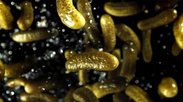 Pickled cucumbers fly up and fall down. Filmed on a high-speed camera at 1000 fps. High quality FullHD footage video