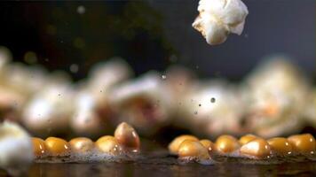 el súper lento movimiento de el palomitas de maiz grano explota con burbujas de aceite. en un negro fondo.filmado en un alta velocidad cámara a 1000 fps. alto calidad full HD imágenes video