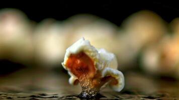 The super slow motion of the popcorn grain explodes. On a black background.Filmed on a high-speed camera at 1000 fps. High quality FullHD footage video