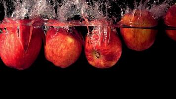 súper lento movimiento Fresco manzanas otoño debajo el agua con salpicaduras en un negro fondo.filmado en un alta velocidad cámara a 1000 fps. alto calidad full HD imágenes video