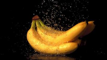 Super schleppend Bewegung Wasser Tröpfchen fallen auf Bananen. auf ein schwarz Hintergrund. gefilmt auf ein schnelle Geschwindigkeit Kamera beim 1000 fps. video