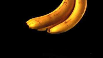 Super slow motion ripe bananas fall into the water with splashes. On a black background.Filmed on a high-speed camera at 1000 fps. video