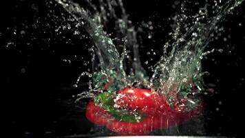 súper lento movimiento uno dulce rojo pimienta caídas dentro el agua con salpicaduras filmado a 1000 fps.on un negro antecedentes. video