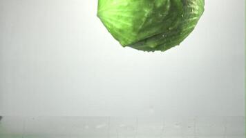 Super slow motion of the cabbage fork falls into the water with splashes on a white background. Filmed at 1000 fps.High quality FullHD footage video