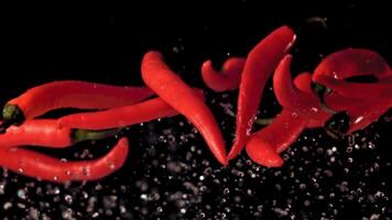 Super slow motion pods of red chilli pepper rise up with splashes of water. On a black background.Filmed on a high-speed camera at 1000 fps. High quality FullHD footage video