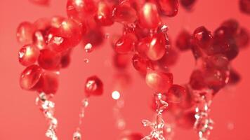 Super slow motion of grains of ripe pomegranates rise up with drops of water. On a red background.Filmed on a high-speed camera at 1000 fps. High quality FullHD footage video