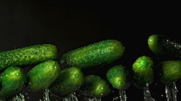 Super slow motion fresh cucumbers with water splashes. On a black background.Filmed on a high-speed camera at 1000 fps. High quality FullHD footage video