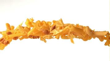 Super slow motion different kinds of dry pasta. On a white background. Filmed on a high-speed camera at 1000 fps. High quality FullHD footage video