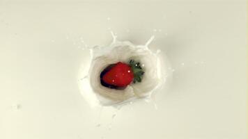 Super slow motion of strawberries falls into the milk. On a white background. Filmed on a high-speed camera at 1000 fps video