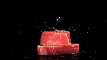 Super schleppend Bewegung auf roh Thunfisch Steaks tropft Wasser mit Spritzer. auf ein schwarz Hintergrund. gefilmt auf ein schnelle Geschwindigkeit Kamera beim 1000 fps. video