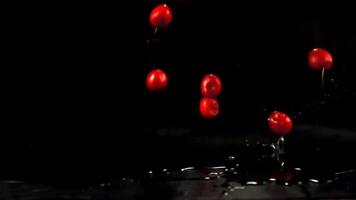 Super slow motion fresh cherry falls on the water with splashes. On a black background.Filmed on a high-speed camera at 1000 fps. video