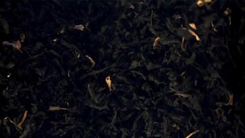 Super slow motion dry tea soars up and falls down. Macro background. Top view.Filmed on a high-speed camera at 1000 fps. video