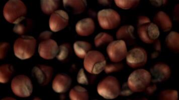 Super slow motion hazelnuts fly up and fall. On a black background. Filmed on a high-speed camera at 1000 fps. video