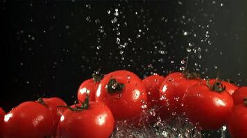 Tomaten fliegen oben mit Wasser Tropfen. gefilmt ist schleppend Bewegung 1000 fps. hoch Qualität fullhd Aufnahmen video