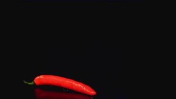 Super slow motion sharp red chilli falls on the table. On a black background.Filmed on a high-speed camera at 1000 fps. High quality FullHD footage video