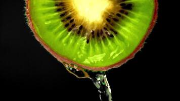 súper lento movimiento con un redondo pedazo de kiwi escapa el agua. en un negro fondo.filmado en un alta velocidad cámara a 1000 fps. alto calidad full HD imágenes video