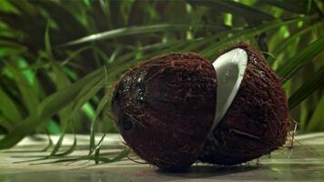 The coconut breaks in half with splashes. Filmed on a high-speed camera at 1000 fps. High quality FullHD footage video