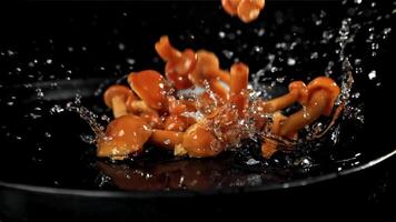 Drop pickled mushrooms with splashes. Filmed on a high-speed camera at 1000 fps. High quality FullHD footage video