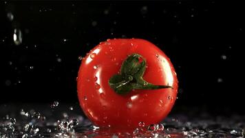 Tropfen von Wasser fallen auf Tomate. gefilmt ist schleppend Bewegung 1000 fps. hoch Qualität fullhd Aufnahmen video