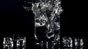 Super schleppend Bewegung Eis Würfel fallen in ein Glas von Wasser mit sprühen. gefilmt beim 1000 fps.ein ein schwarz Hintergrund. video