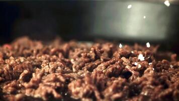 Super schleppend Bewegung Salz- Stürze auf das Hackfleisch im das Pfanne. gefilmt auf ein schnelle Geschwindigkeit Kamera beim 1000 fps.ein ein schwarz Hintergrund. video