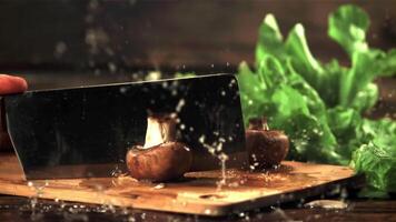 Super slow motion fresh mushroom cut into pieces with a knife.Filmed at 1000 fps. On a wooden background. video