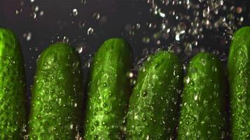 Super slow motion on a row of cucumbers drops water. On a black background. Filmed on a high-speed camera at 1000 fps. High quality FullHD footage video