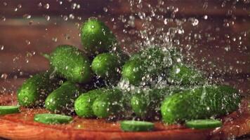 súper lento movimiento en el pepinos en el corte tablero gotas agua. en un de madera antecedentes. filmado en un alta velocidad cámara a 1000 fps. alto calidad full HD imágenes video