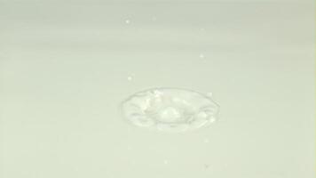 Super slow motion drop falls into the milk with splashes. Macro background.Filmed on a high-speed camera at 1000 fps video