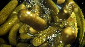 Pickled cucumbers fall with splashes. Filmed on a high-speed camera at 1000 fps. High quality FullHD footage video