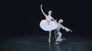 il balletto ballerino e il ballerina congelato nel il bellissimo posizione di classico balletto. un' telaio tiro su steadicam. 3d. video