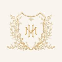 MK initial botanical wedding crest design. Vintage monogram with botanical floral crest design vector illustration.