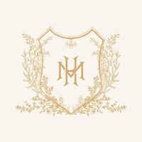 MK initial botanical wedding crest design. Vintage monogram with botanical floral crest design vector illustration.