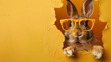 AI generated A curious rabbit in round glasses peeks out from a hole in a textured yellow wall, copy space photo