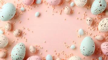 AI generated A vibrant array of pastel eggs, each a different color, playfully decorate a soft pink background photo