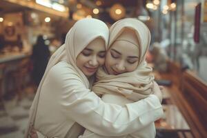 AI generated Two women with hijabs are hugging in the restaurant photo