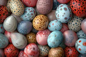 ai generado un pila de Pascua de Resurrección huevos exhibiendo pastel sombras y juguetón patrones foto
