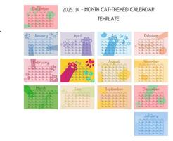 2025, 14 month cat-themed calendar with layed out months from December 2024 to January 2026. Editable vector