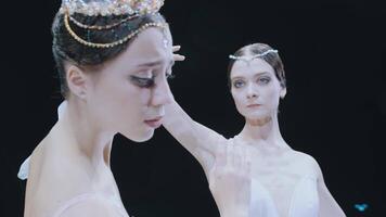 ballet. twee ballerina's zijn staand in een mooi houding. 3d. Bayadere. rivaliteit en confrontatie van ballerina's. video