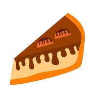 A slice of cake with chocolate drizzle on top. The cake is cut in half and has two chocolate candies on top. slice cake chocolate. piece chocolate cake vector