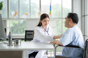 The doctor explains the illness and uses a stethoscope to perform basic auscultation on the patient photo