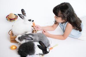 Smiling little girl and with their beloved fluffy rabbit, showcasing the beauty of friendship between humans and animals photo