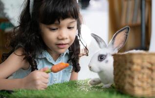 Smiling little girl and with their beloved fluffy rabbit, showcasing the beauty of friendship between humans and animals photo